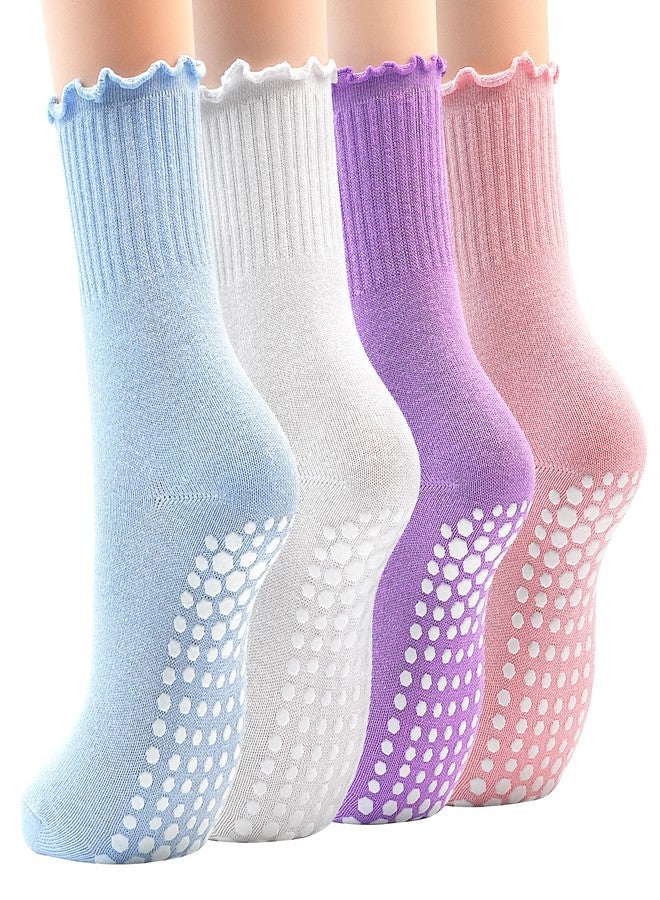 GRPSKCOS Non Slip Yoga Socks 4 Pairs Women Pilates Grip Socks for Yoga Barre Home Workout Hospital Size 5-8(#4 White+Pink+Purple+Blue, 5-8) - Image 1